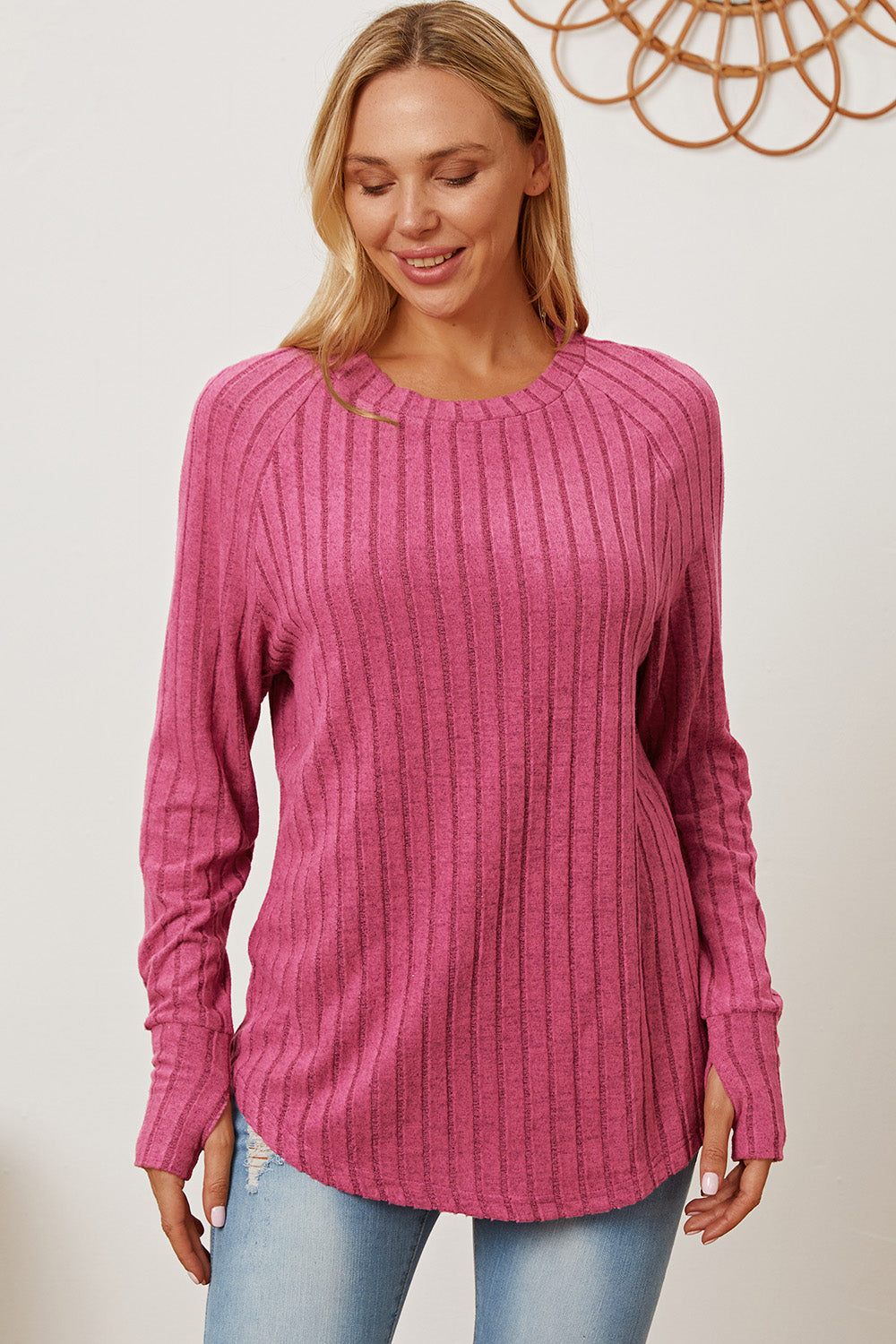 Basic Bae Full Size Ribbed Thumbhole Sleeve Shirt