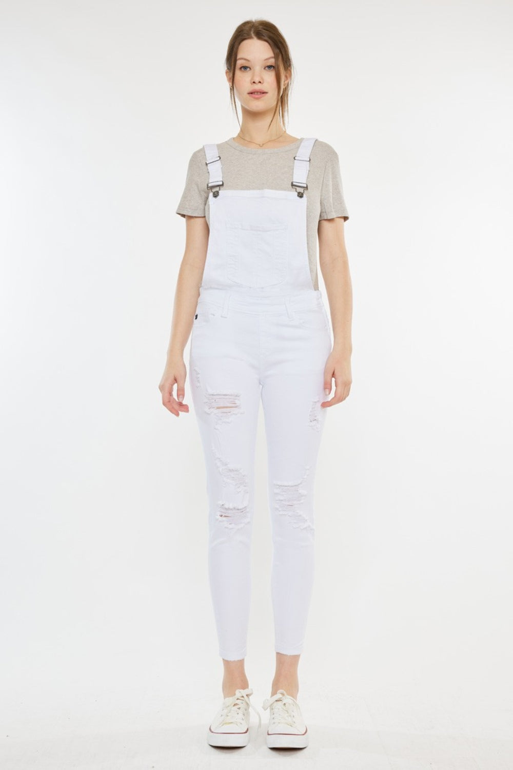 KANCAN White Distressed Skinny Front Bib Cropped Denim Overalls Ankle NEW