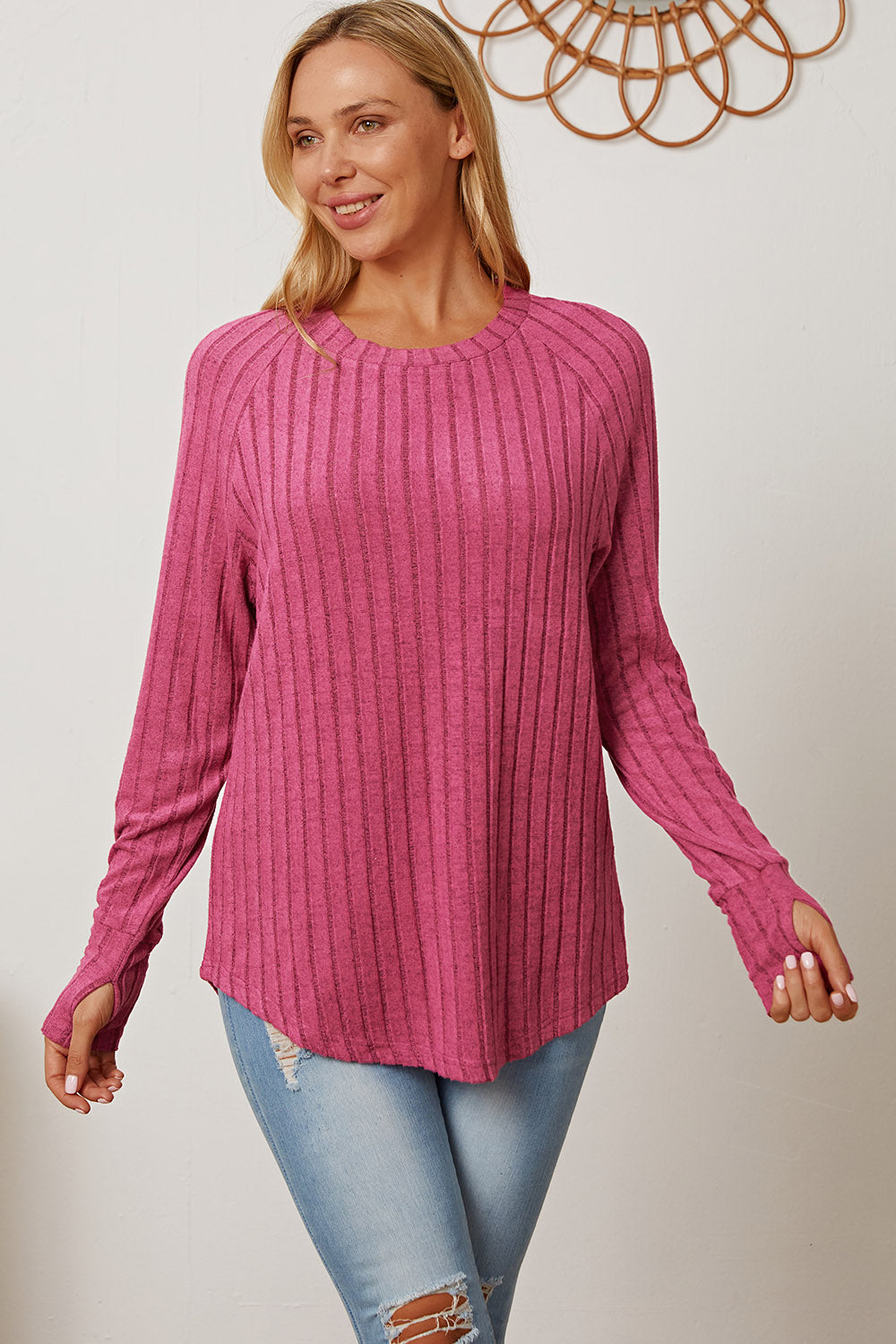 Basic Bae Full Size Ribbed Thumbhole Sleeve Shirt
