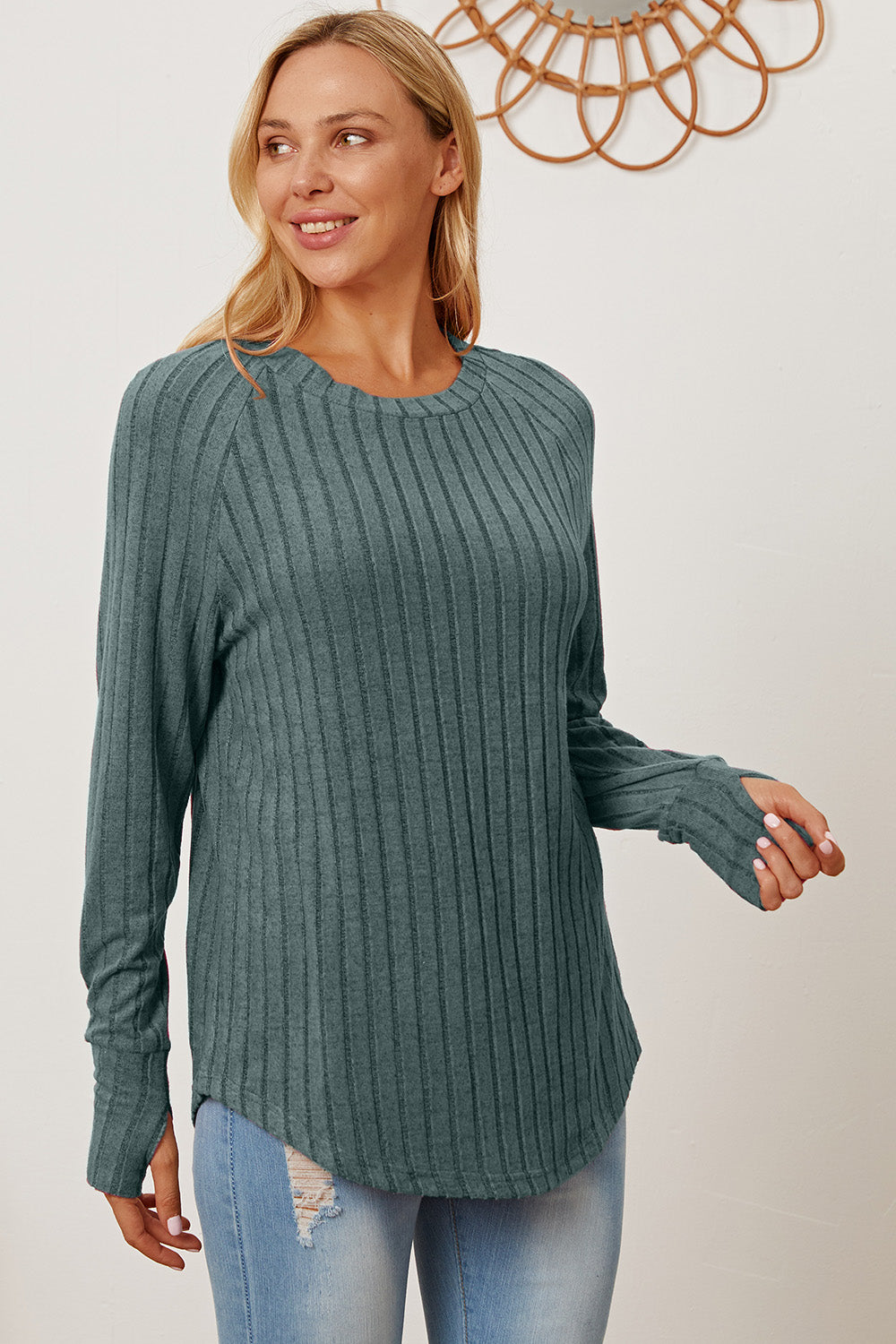 Basic Bae Full Size Ribbed Thumbhole Sleeve Shirt