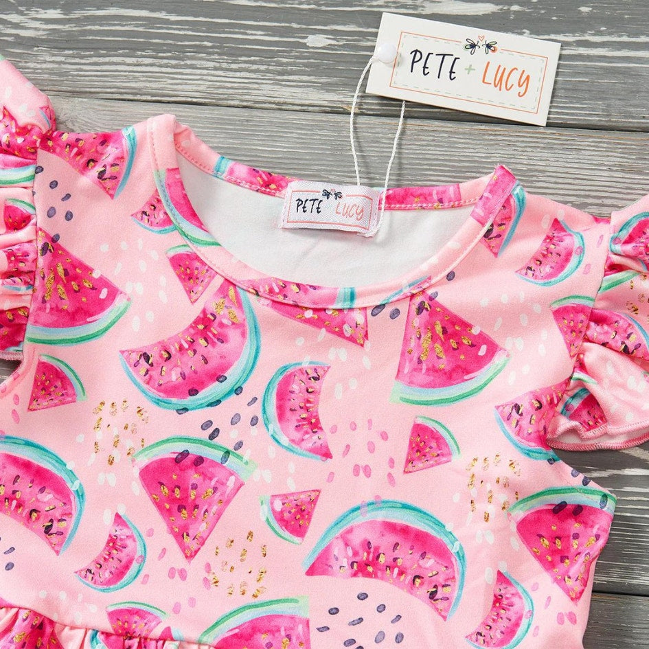 PETE + LUCY Watermelon Splash Pink Ruffle Girls Boutique Dress NEW