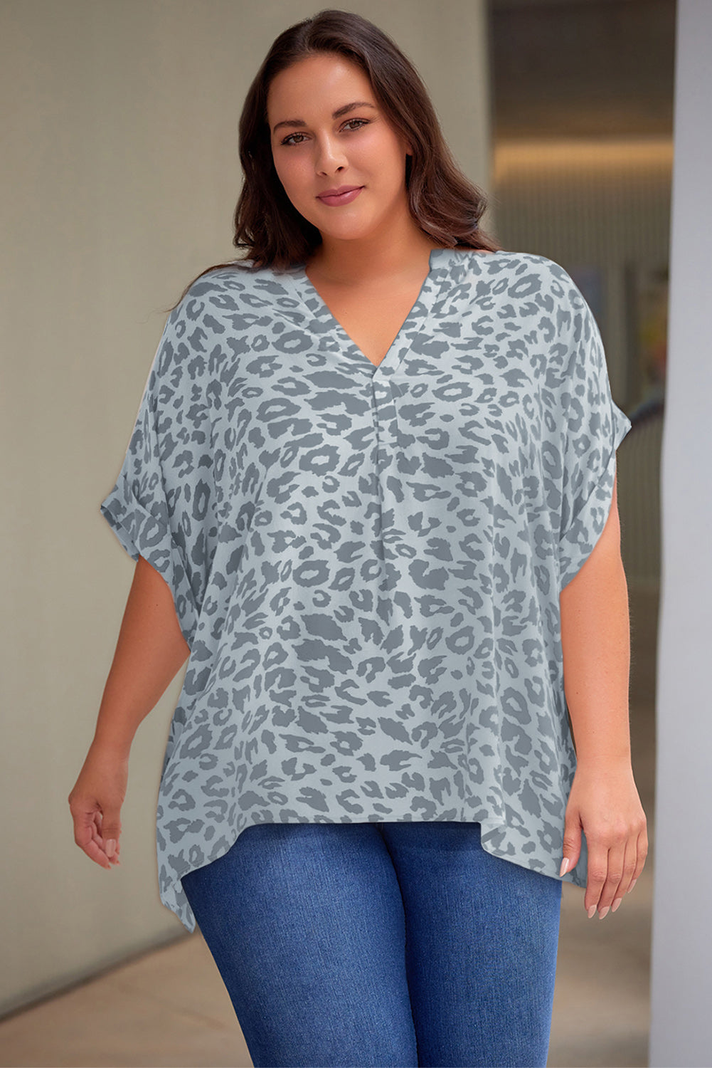 Leopard Print Notched Neck Half Sleeve Top Plus
