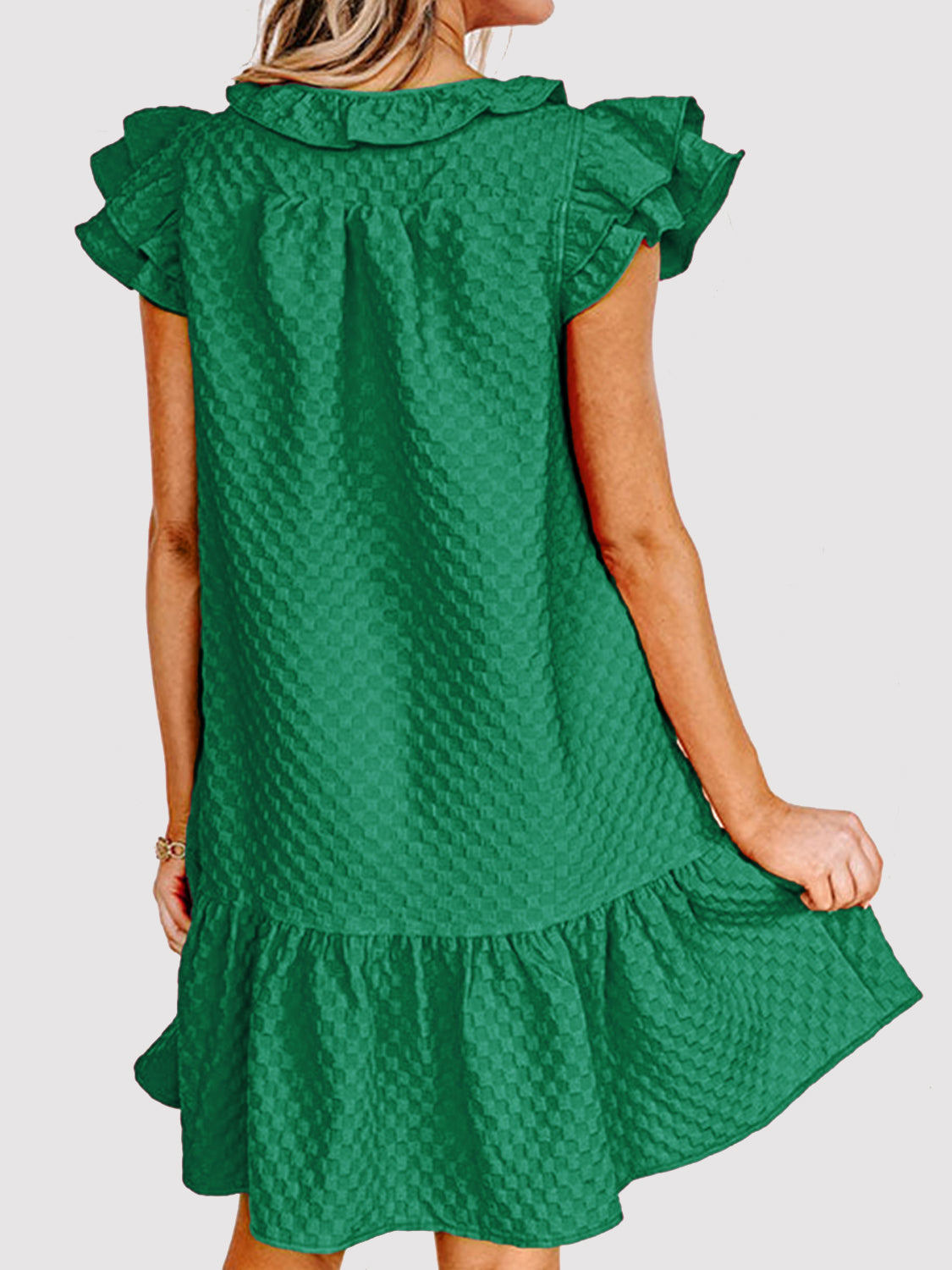 Kelly Green Ruffled Cap Sleeve Tie Neck Checkered Mini Summer Dress