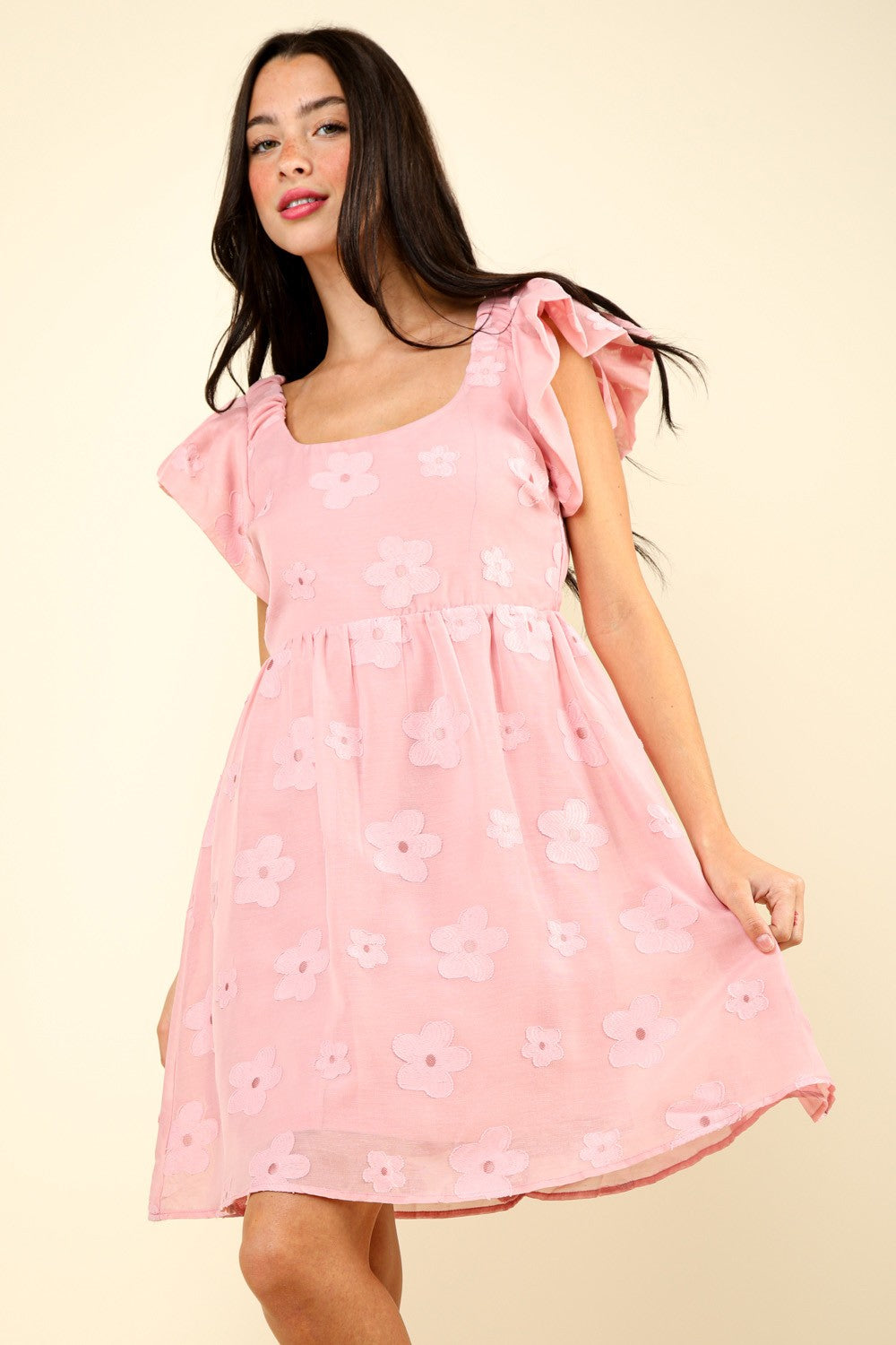 VERY J Pink Flower Embroidered Organza Ruffle Mini Dress
