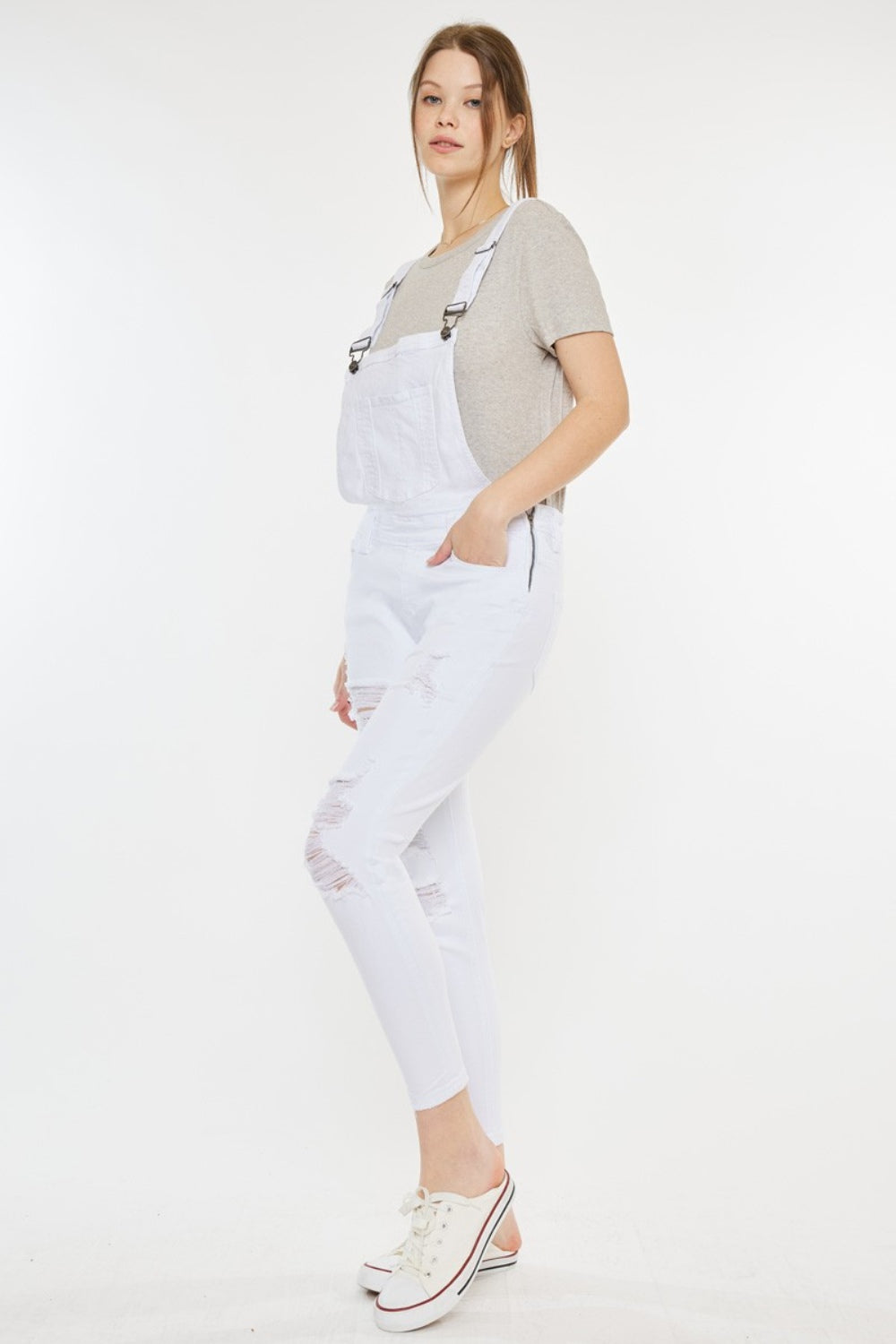 KANCAN White Distressed Skinny Front Bib Cropped Denim Overalls Ankle NEW