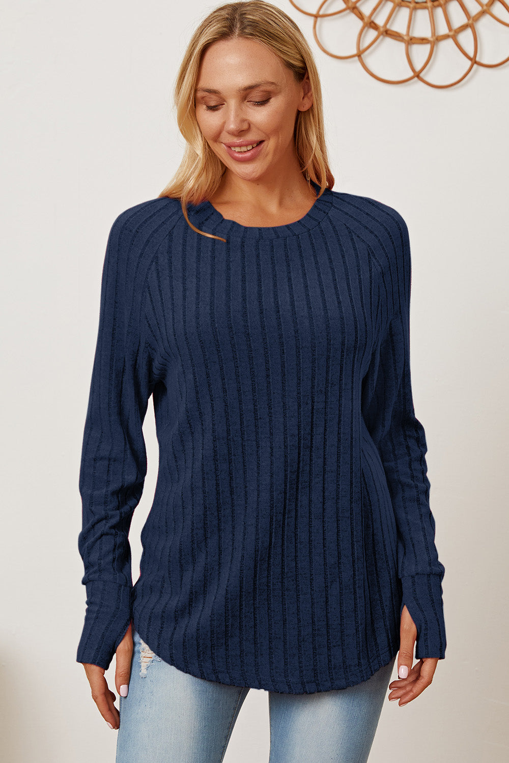 Basic Bae Full Size Ribbed Thumbhole Sleeve Shirt