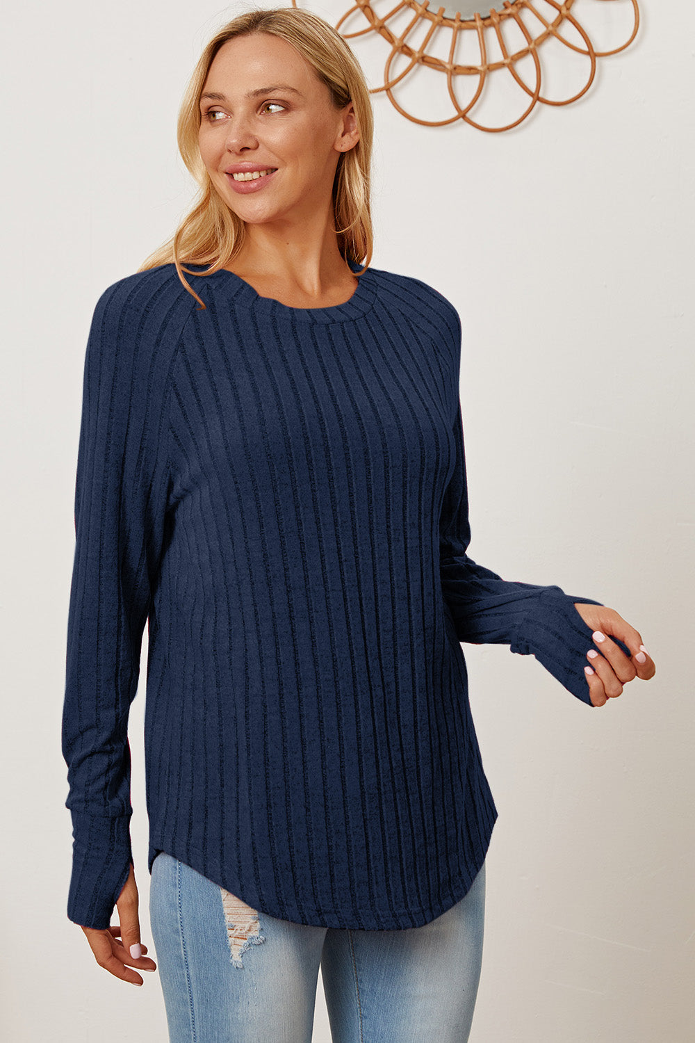 Basic Bae Full Size Ribbed Thumbhole Sleeve Shirt