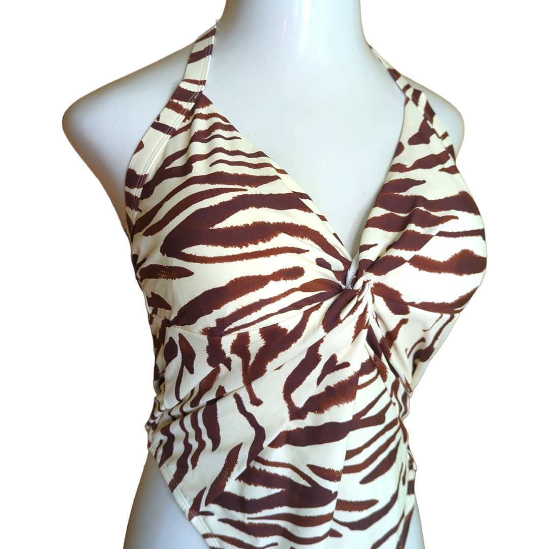 CUPSHE Brown Cream Zebra Striped Swimsuit Summer Vacation 1X Plus NEW
