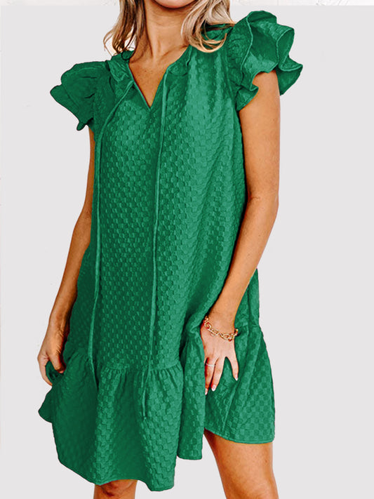 Kelly Green Ruffled Cap Sleeve Tie Neck Checkered Mini Summer Dress