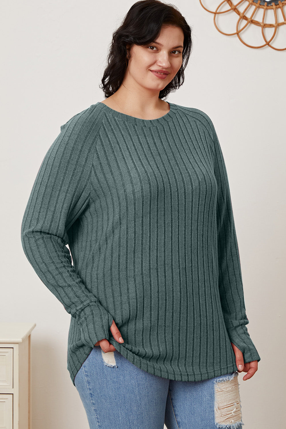 Basic Bae Full Size Ribbed Thumbhole Sleeve Shirt