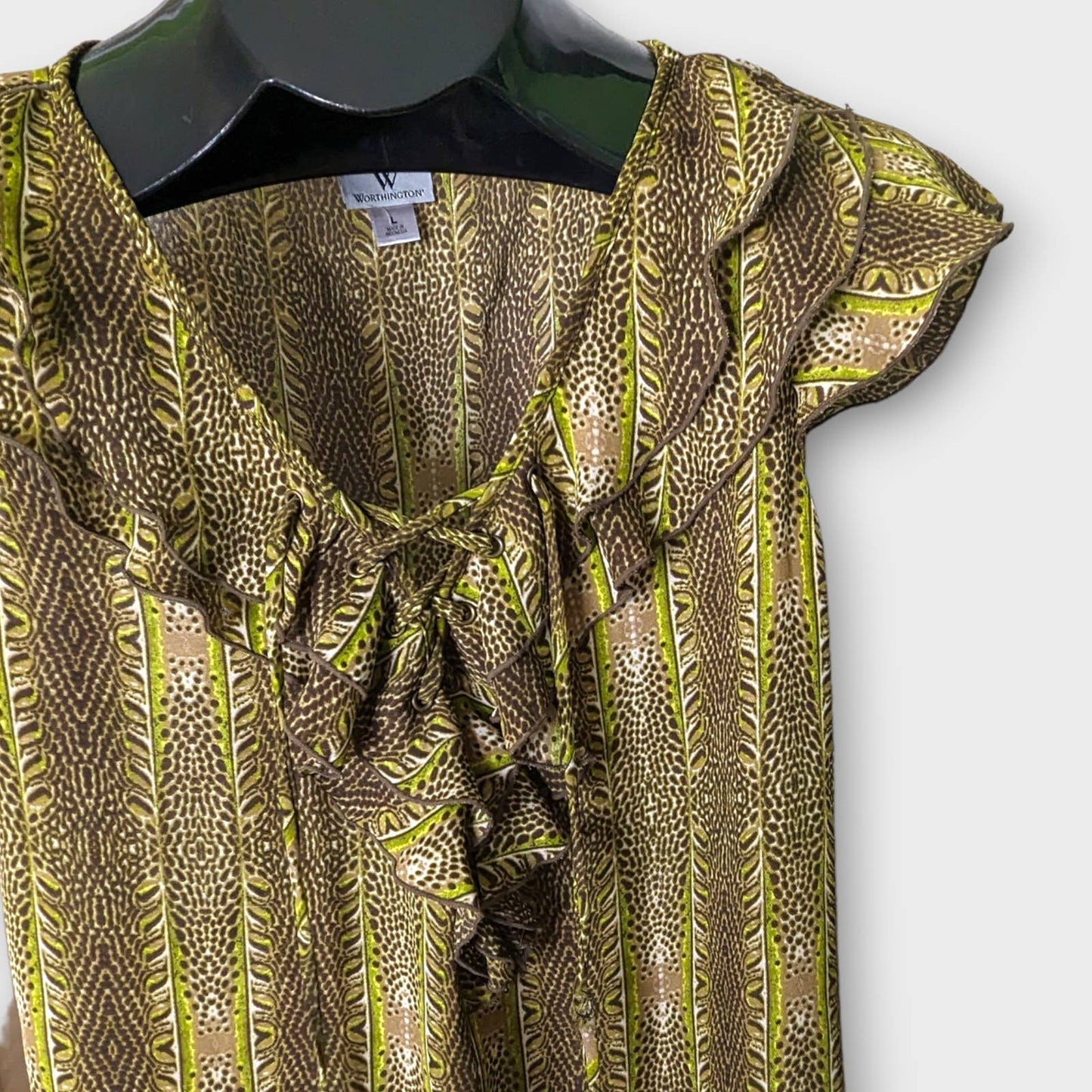 WORTHINGTON Green Animal Print Sheer Tie Career Blouse Large