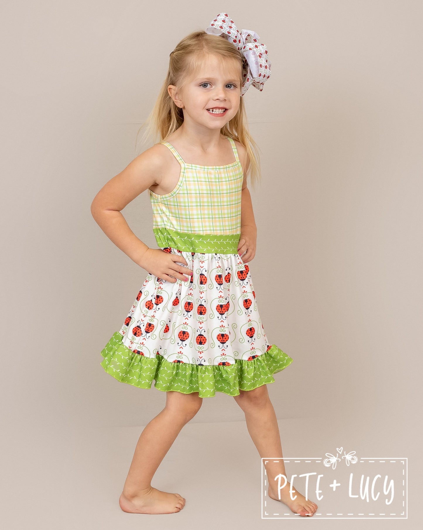 PETE + LUCY Lucky Ladybug Green Plaid Ruffle Sleeveless Dress