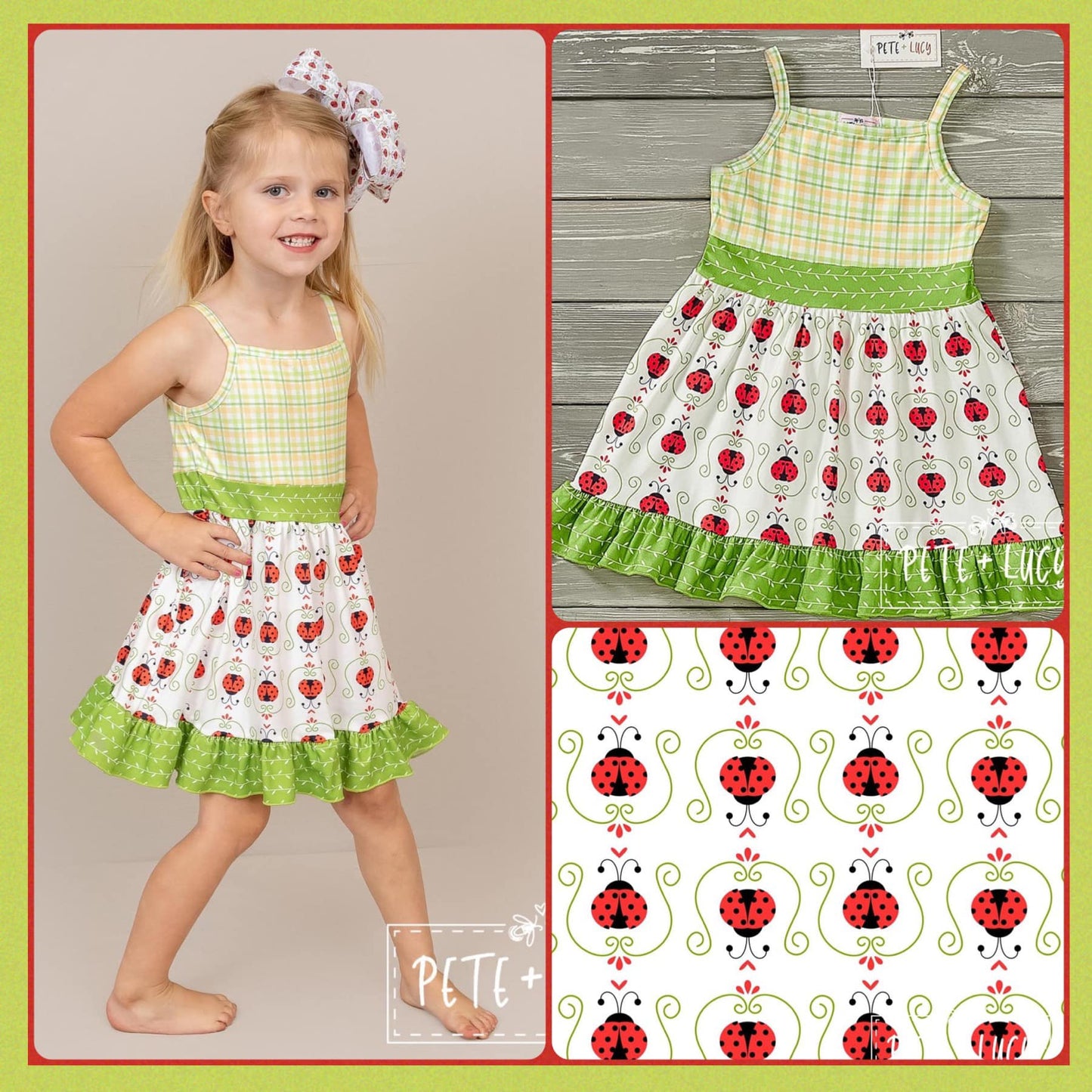 PETE + LUCY Lucky Ladybug Green Plaid Ruffle Sleeveless Dress