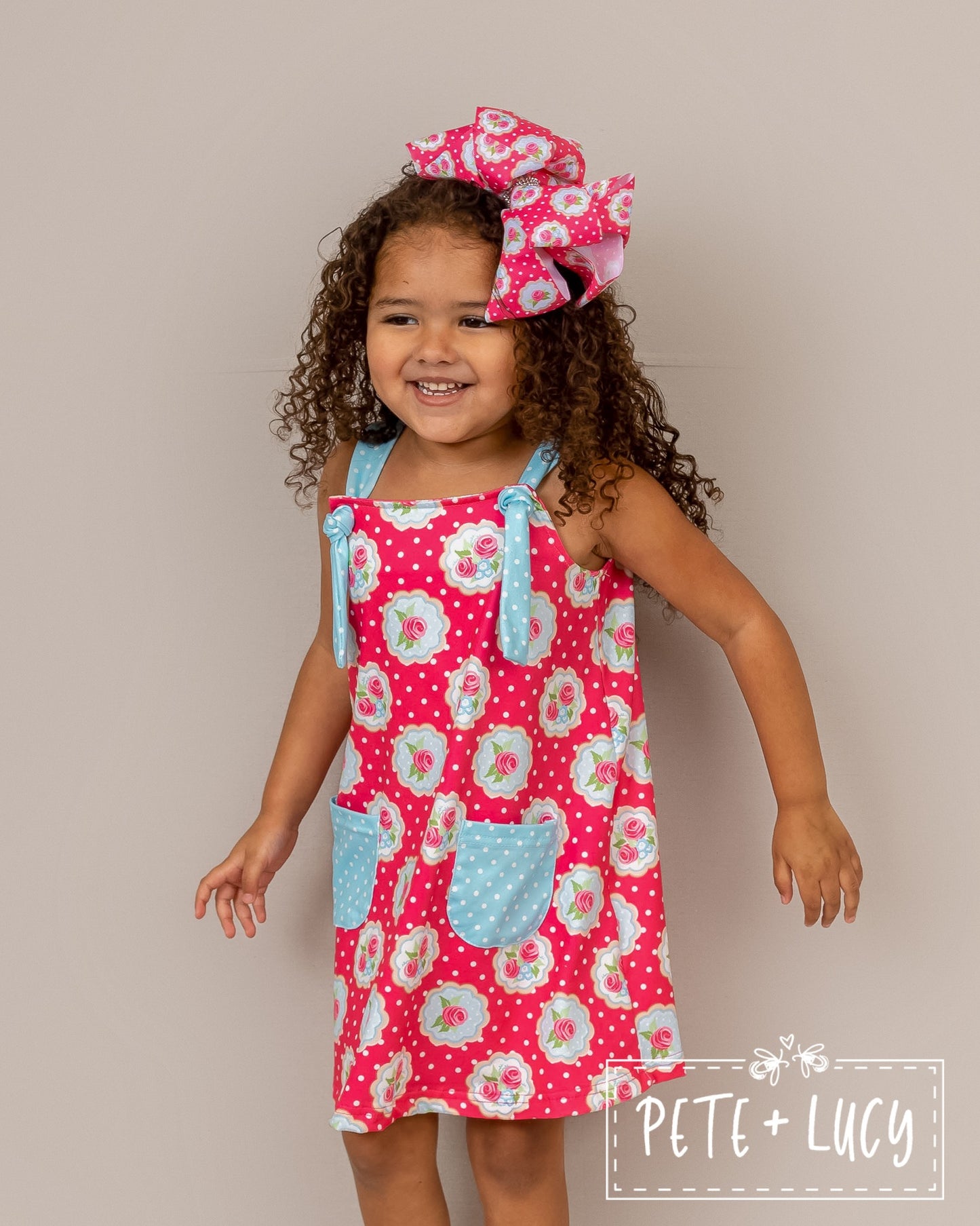 PETE + LUCY Shabby Roses Pink Floral Polka Dot Dress with Pockets