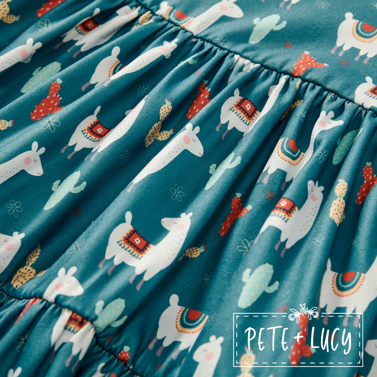 PETE + LUCY Floral Llama Cactus Trumpet Sleeve Ruffle Girls Dress