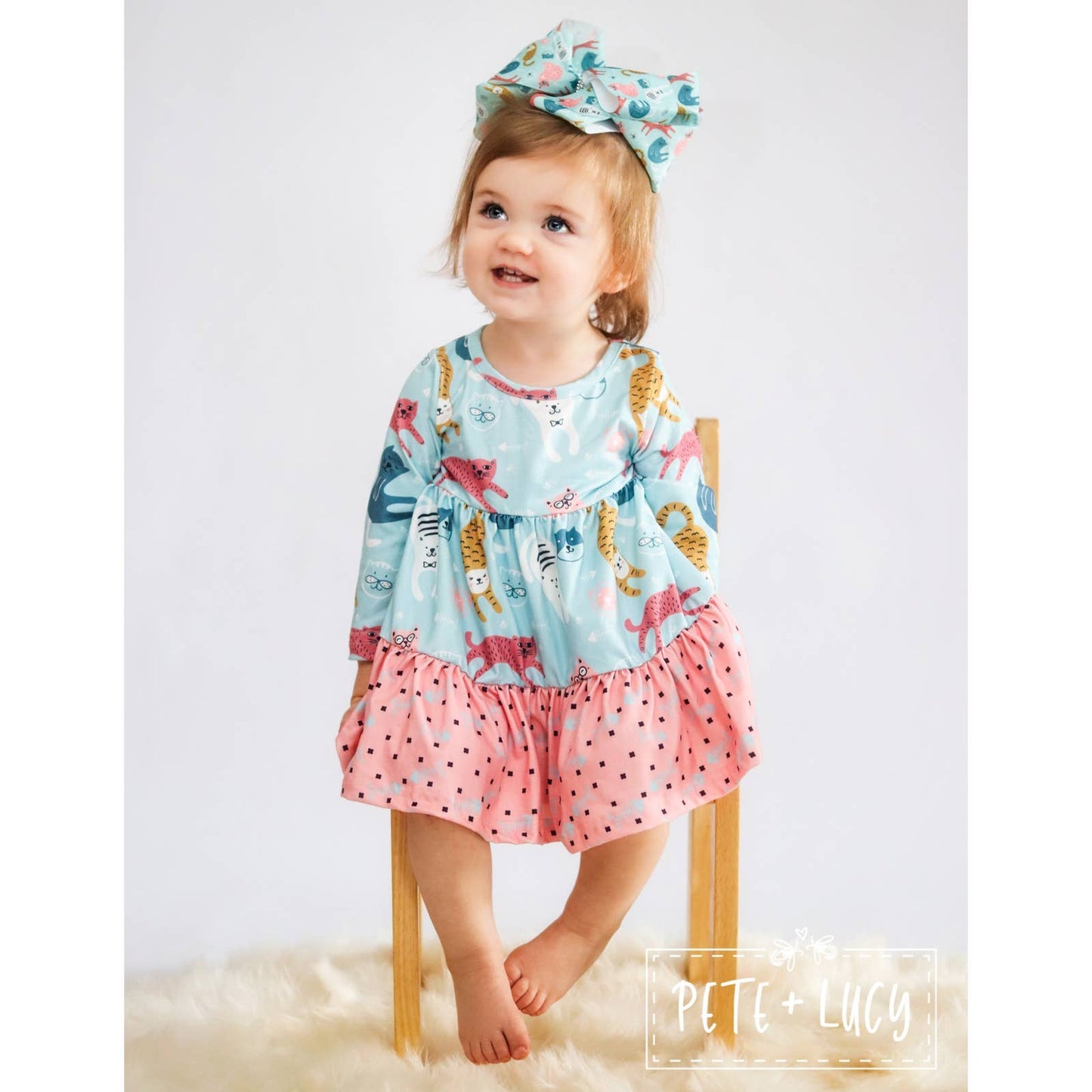 PETE + LUCY Playful Cats Teal Pink Long Sleeve Ruffle Dress