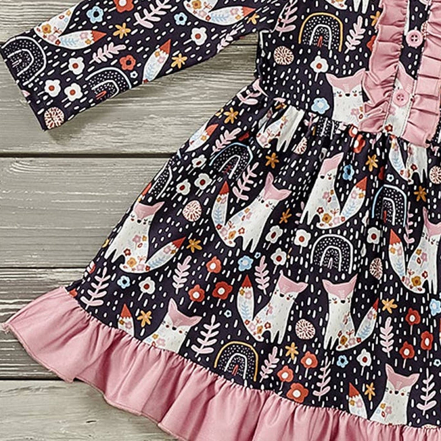 PETE + LUCY Fox in Nature Ruffle Dress Floral Woodland Animals
