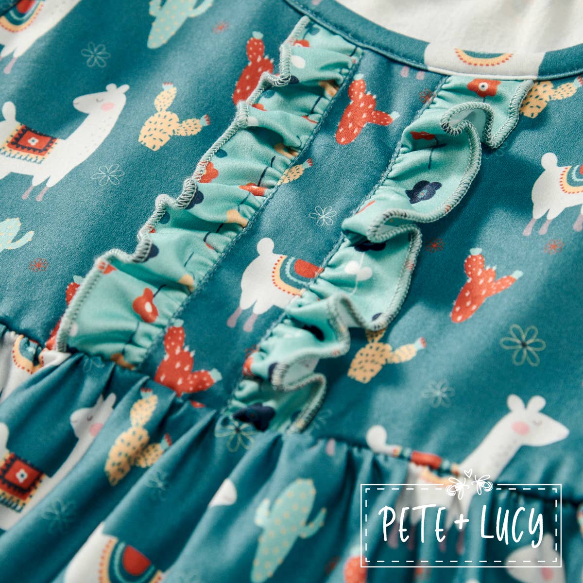PETE + LUCY Floral Llama Cactus Trumpet Sleeve Ruffle Girls Dress