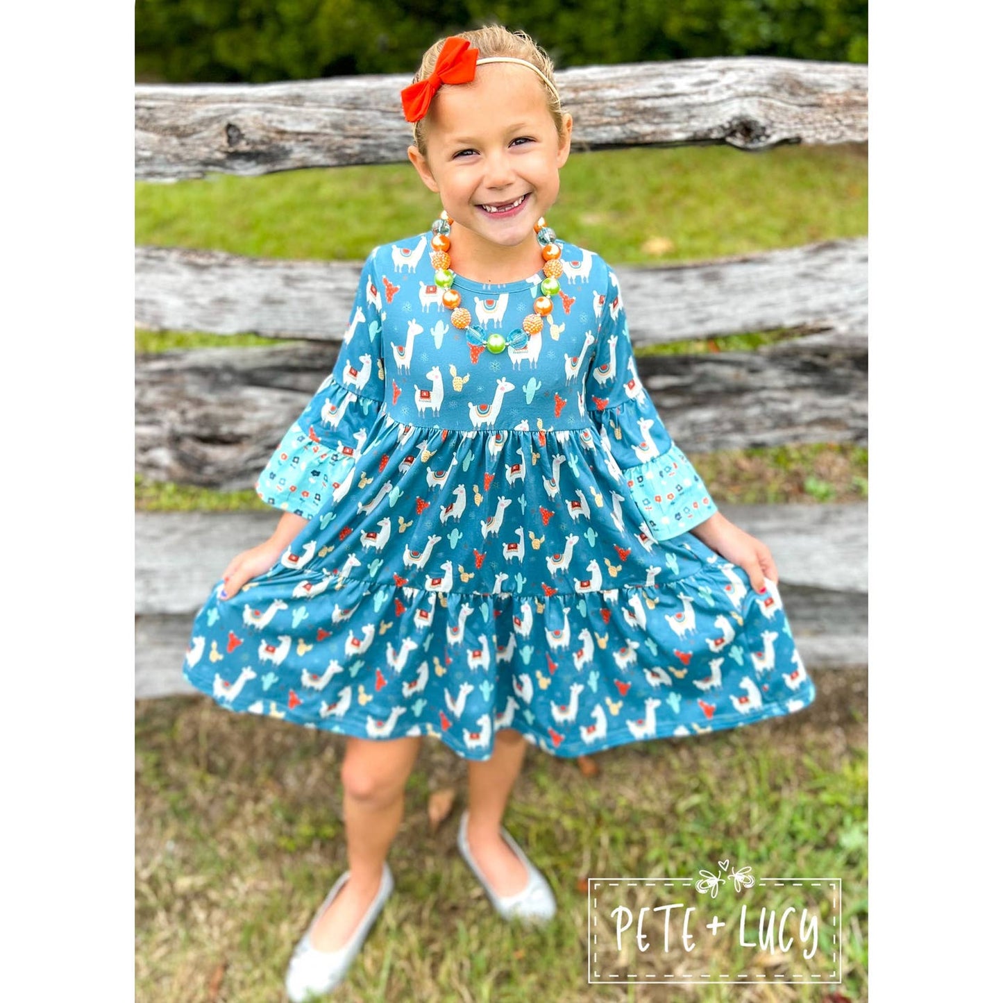 PETE + LUCY Floral Llama Cactus Trumpet Sleeve Ruffle Girls Dress