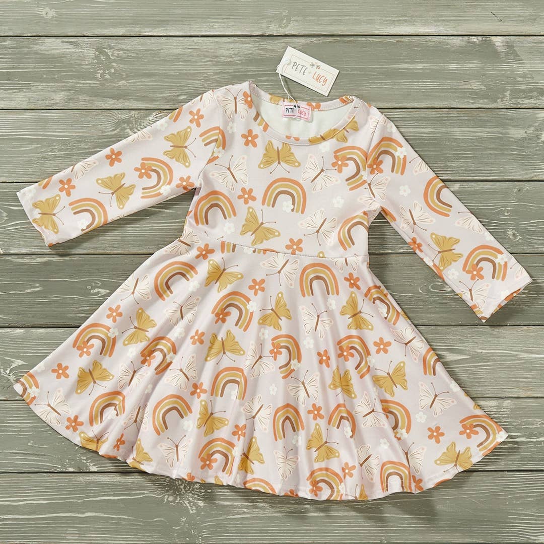 PETE + LUCY Khloe Butterfly Rainbow Floral Long Sleeve Skater Dress 5 NEW