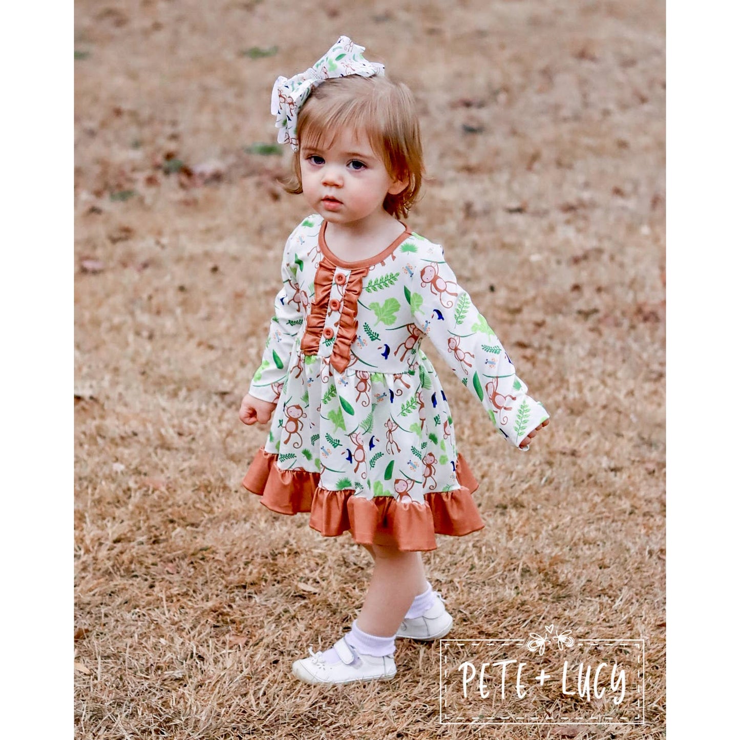 PETE + LUCY Cute Monkey Jungle Long Sleeve Ruffle Dress