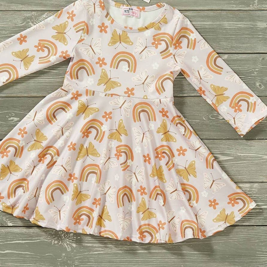 PETE + LUCY Khloe Butterfly Rainbow Floral Long Sleeve Skater Dress 5 NEW