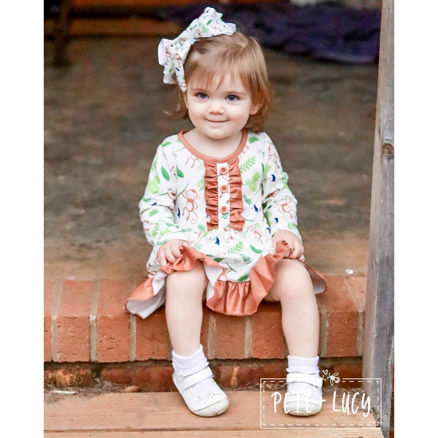 PETE + LUCY Cute Monkey Jungle Long Sleeve Ruffle Dress
