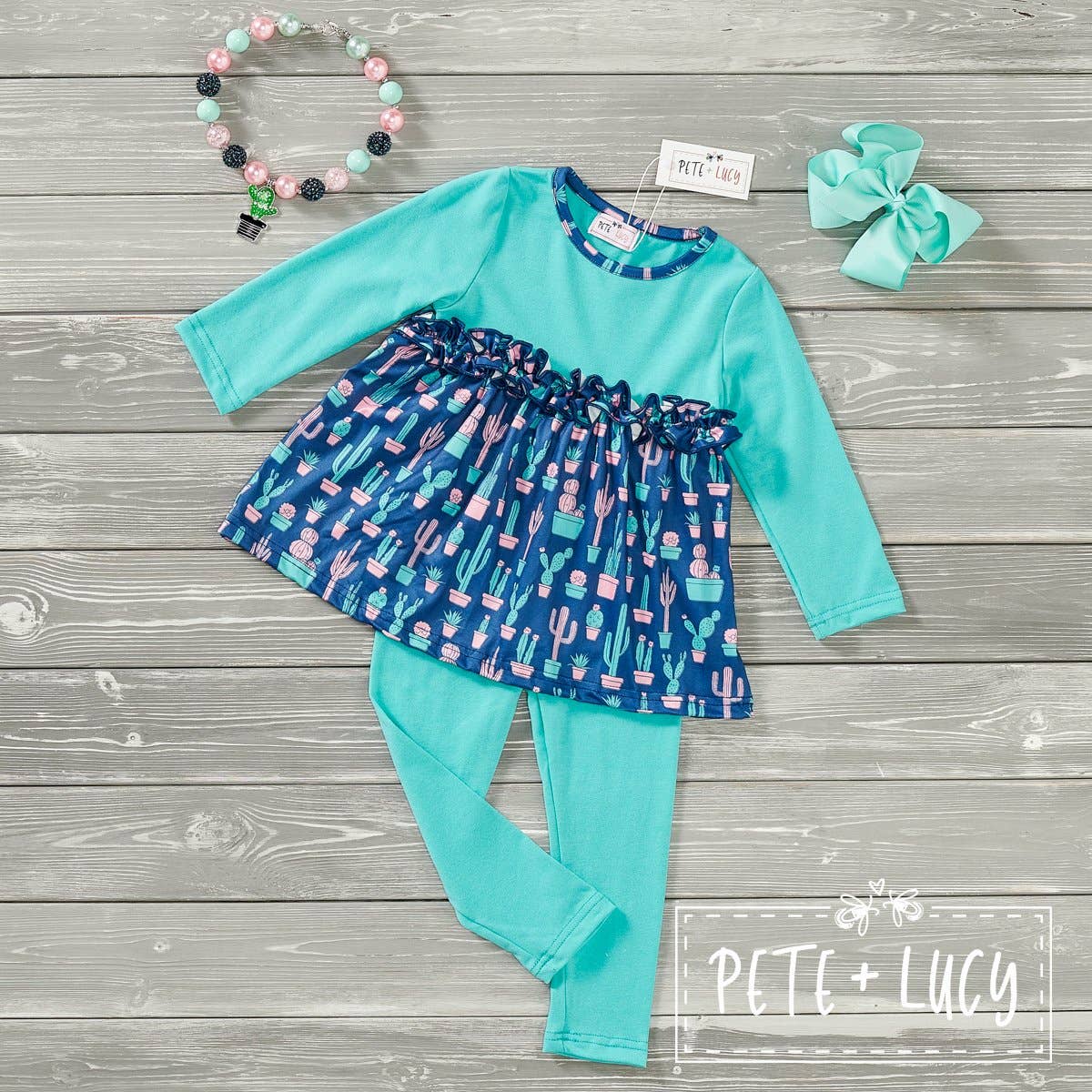 PETE + LUCY Blue Boho Cactus 2 Piece Set Pants Babydoll Top