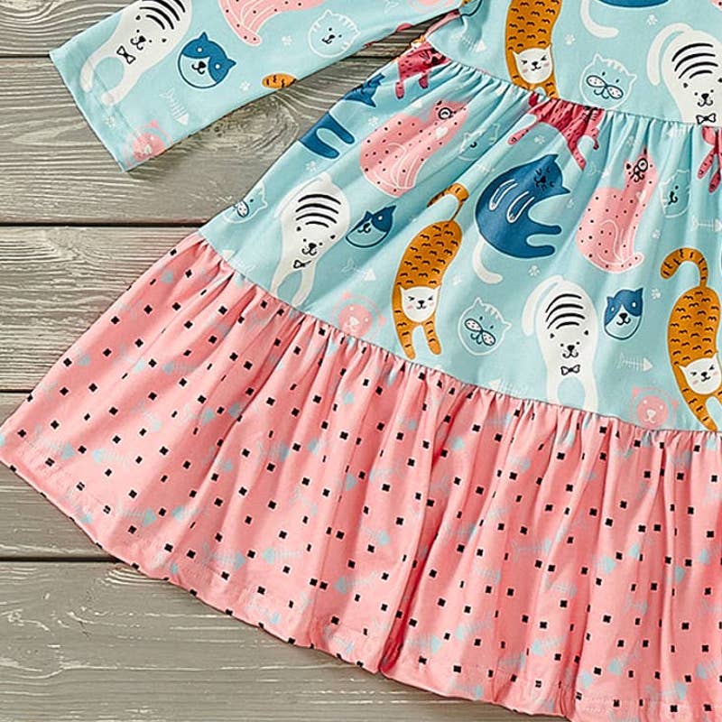PETE + LUCY Playful Cats Teal Pink Long Sleeve Ruffle Dress