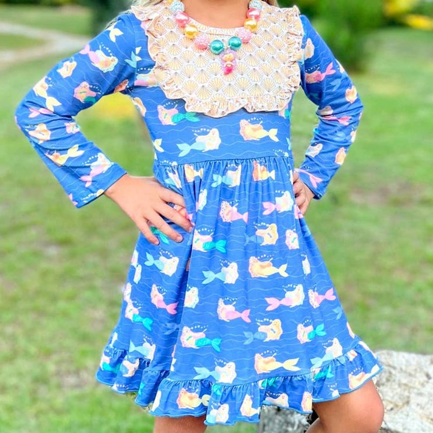 PETE + LUCY Mermaid and Shells Long Sleeve Ruffle Bib Dress