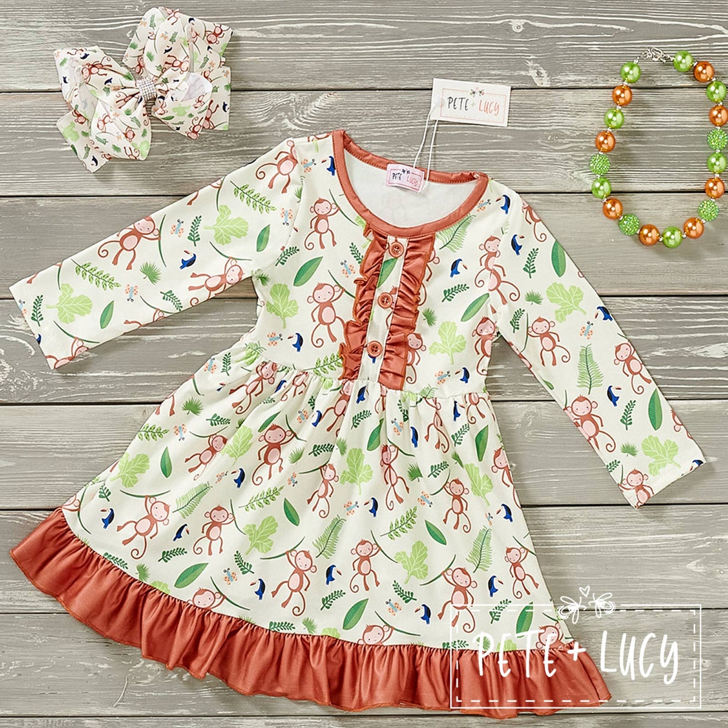 PETE + LUCY Cute Monkey Jungle Long Sleeve Ruffle Dress