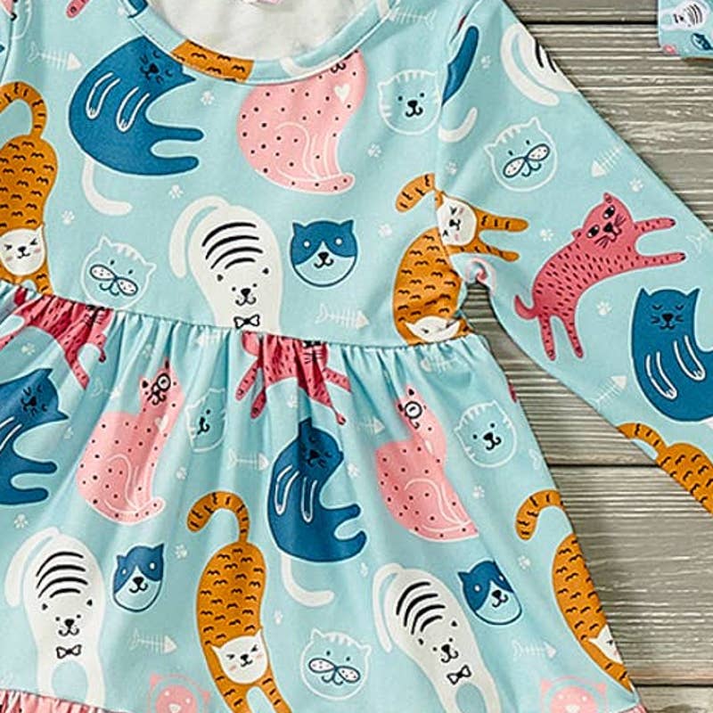 PETE + LUCY Playful Cats Teal Pink Long Sleeve Ruffle Dress