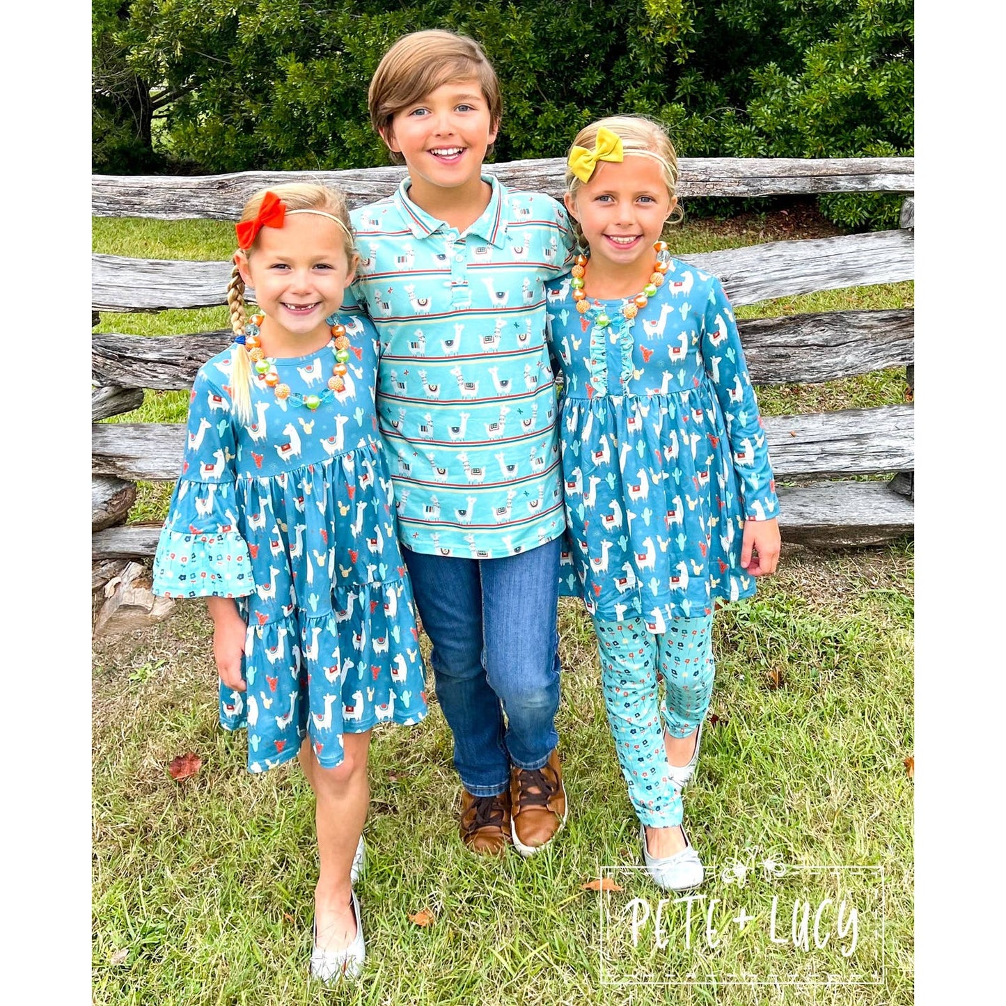 PETE + LUCY Floral Llama Cactus Trumpet Sleeve Ruffle Girls Dress
