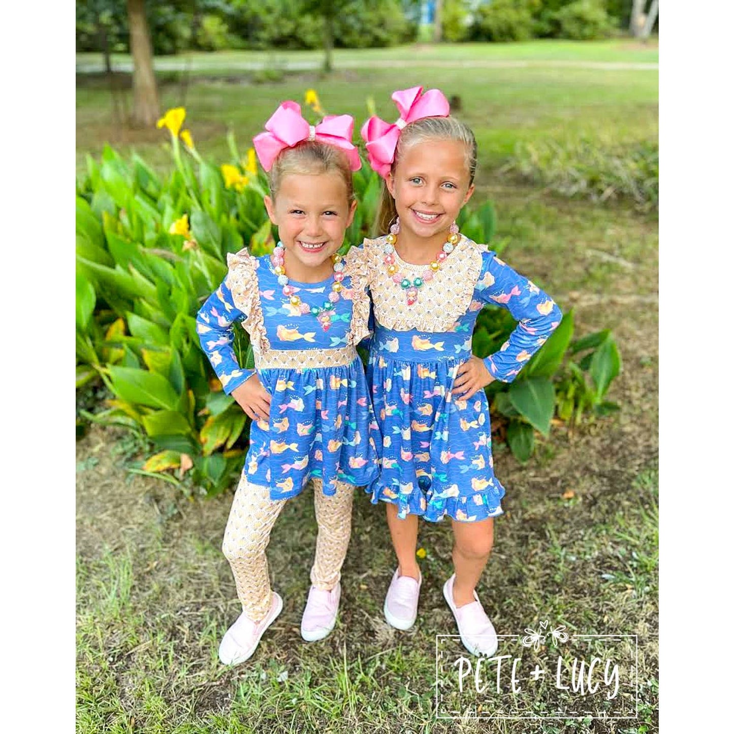 PETE + LUCY Mermaid and Shells Long Sleeve Ruffle Bib Dress