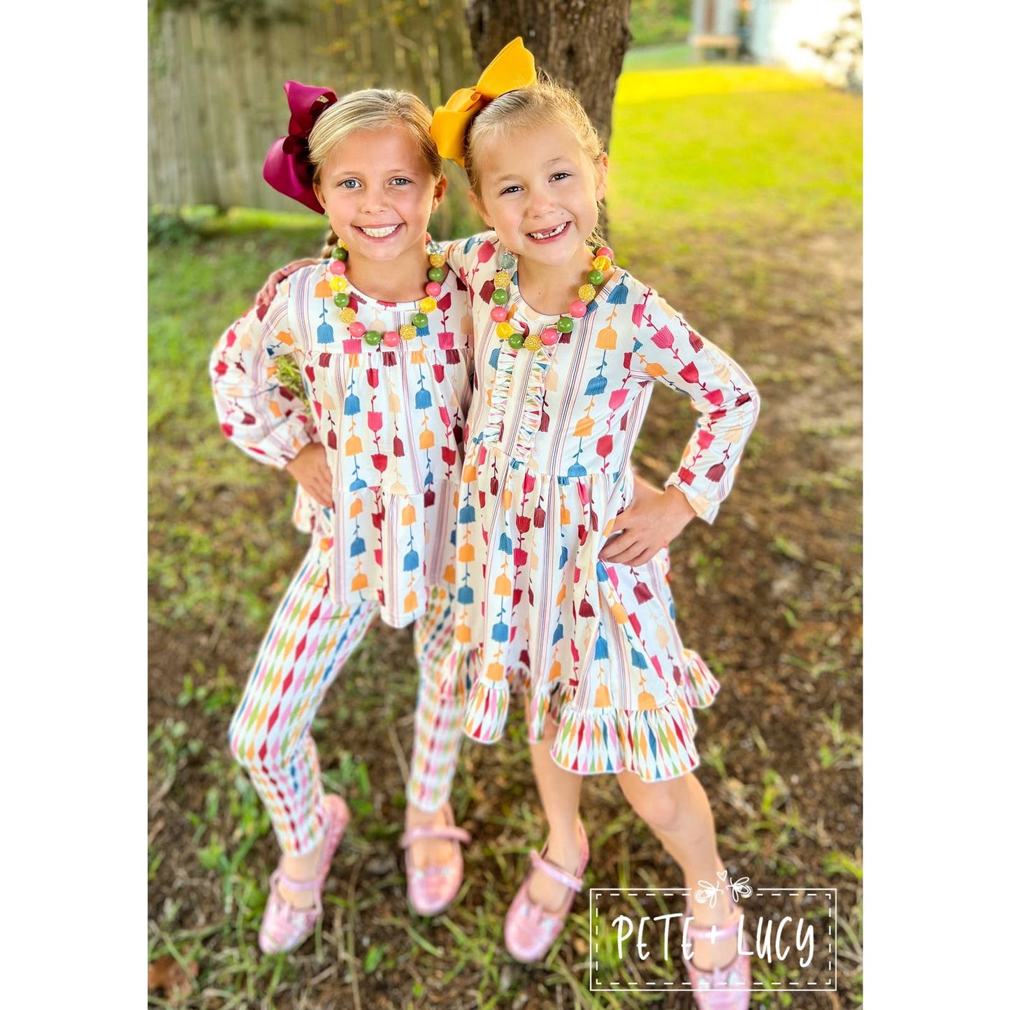 PETE + LUCY Retro Flowers Pant Set Babydoll Top Floral Diamonds