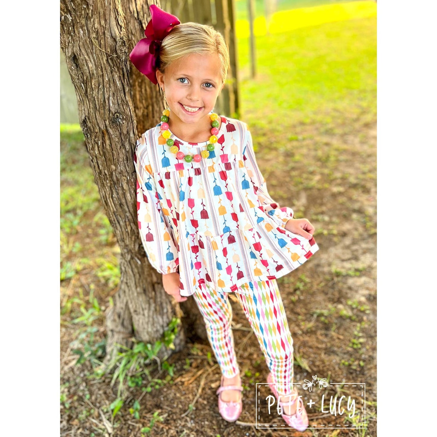 PETE + LUCY Retro Flowers Pant Set Babydoll Top Floral Diamonds