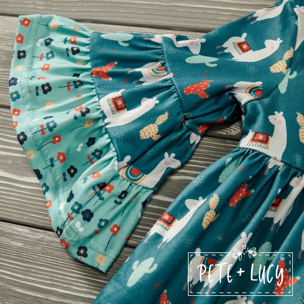 PETE + LUCY Floral Llama Cactus Trumpet Sleeve Ruffle Girls Dress