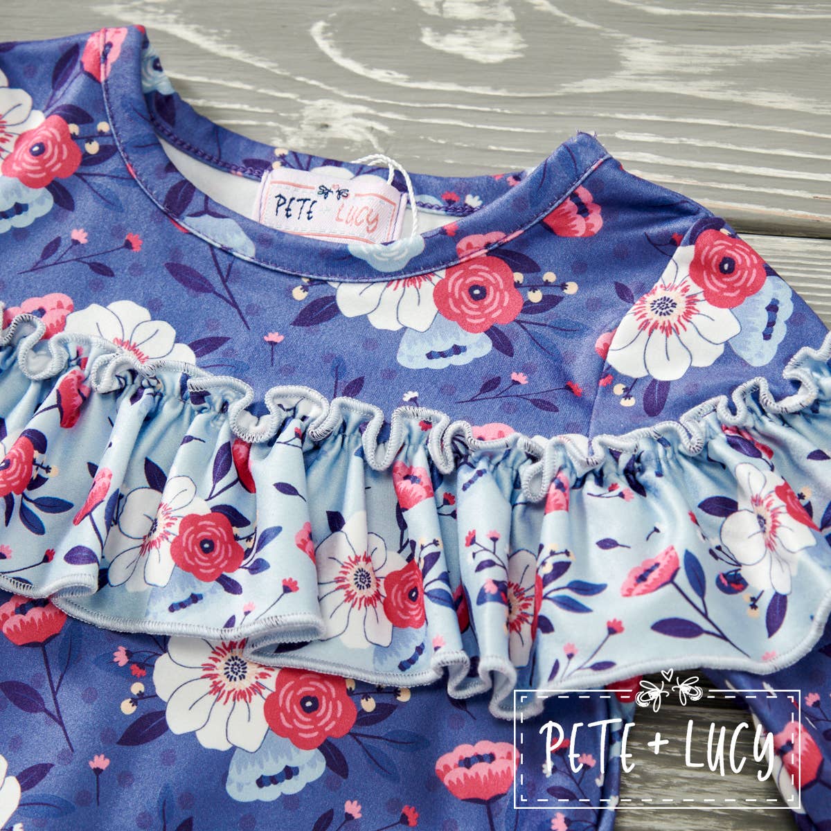 PETE + LUCY Country Denim Blue Floral Ruffle Baby Toddler Romper
