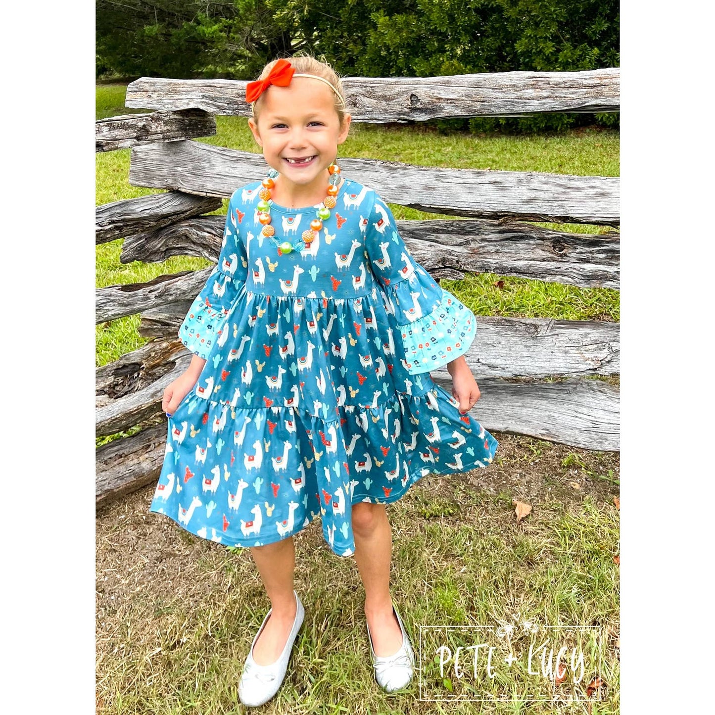 PETE + LUCY Floral Llama Cactus Trumpet Sleeve Ruffle Girls Dress