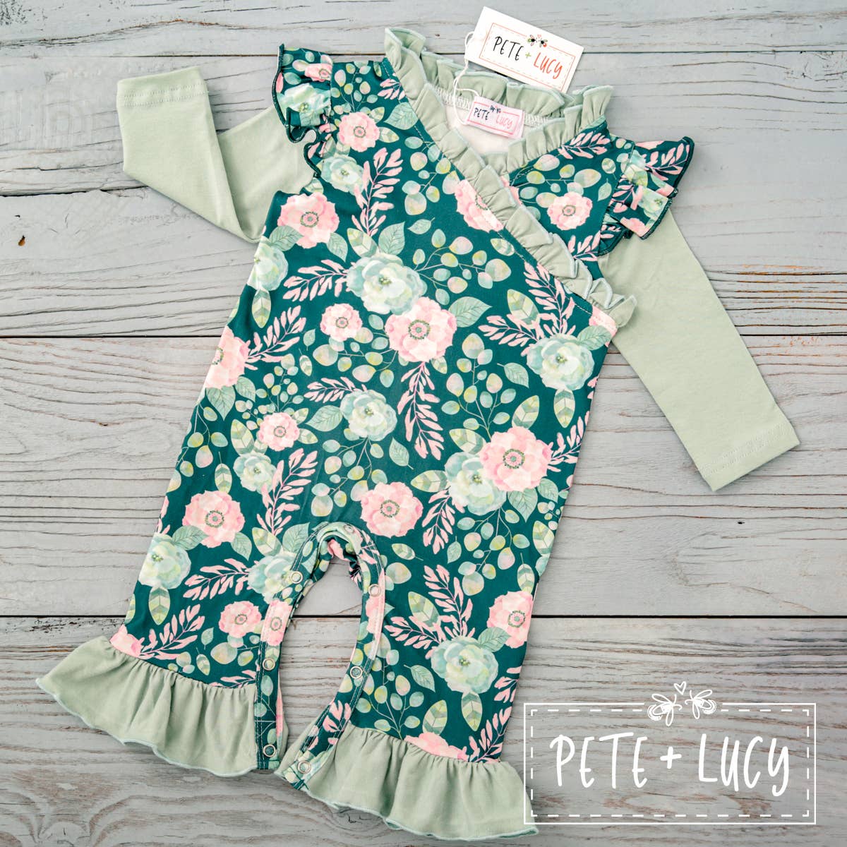 PETE + LUCY Sweet Emerald Green Ruffle Long Sleeve Romper Baby Toddler