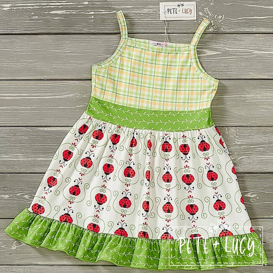 PETE + LUCY Lucky Ladybug Green Plaid Ruffle Sleeveless Dress