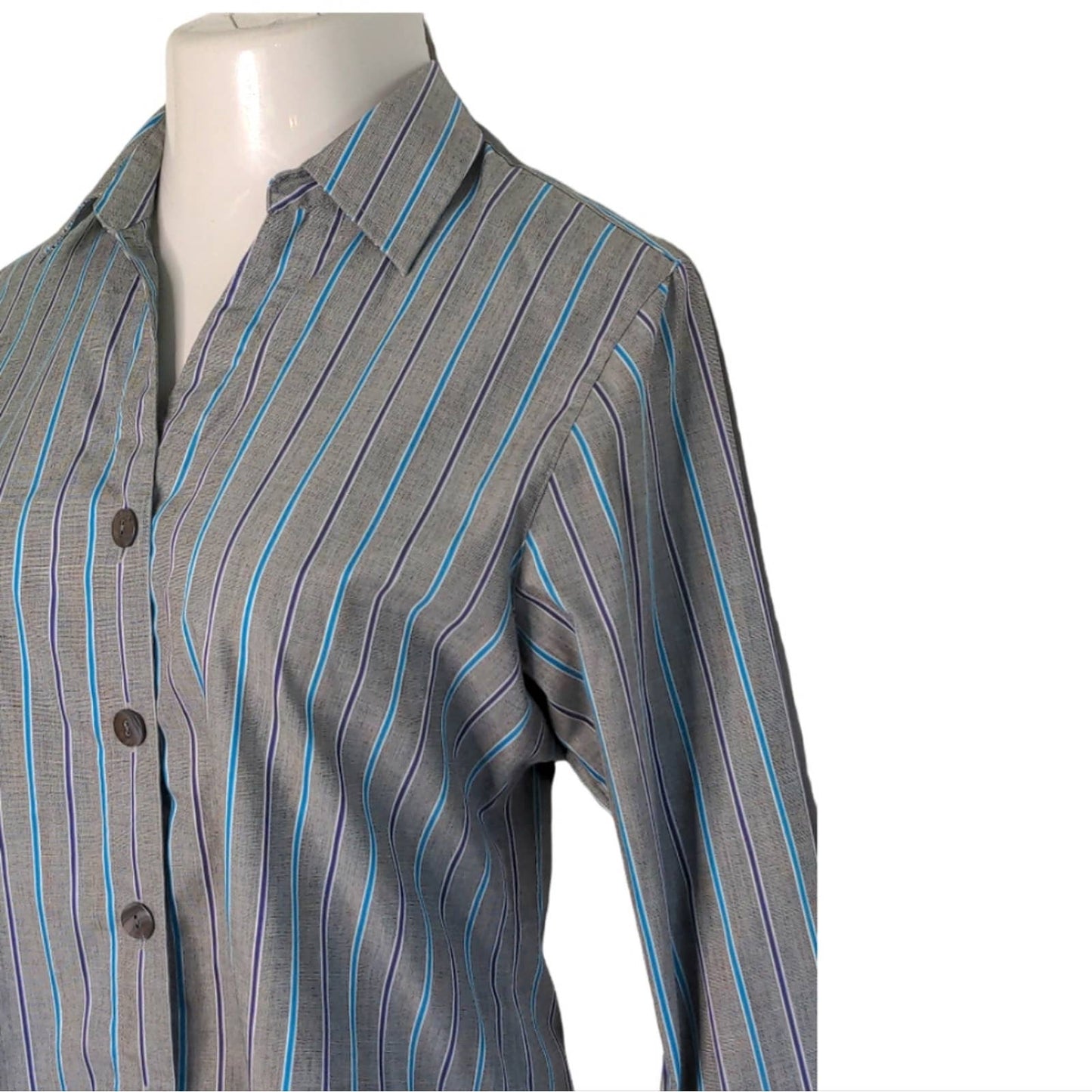 FOXCROFT Shaped Gray Blue Purple Striped Button Down Shirt Wrinkle Free Size 10