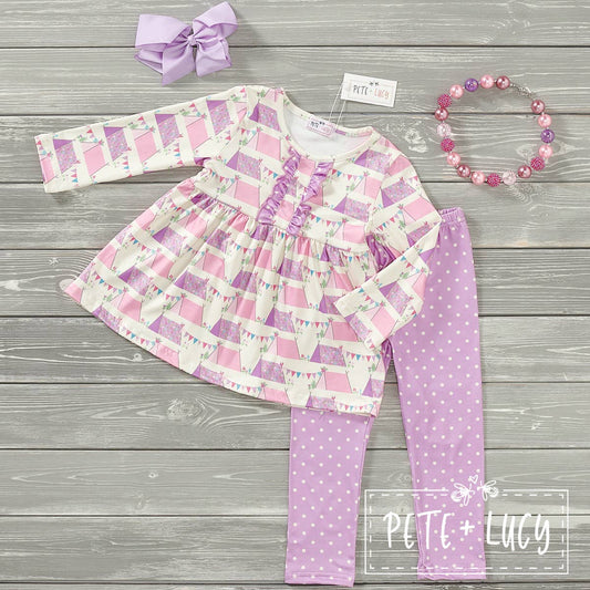 PETE + LUCY Fancy Camping 2 Piece Set Pants Babydoll Top Pink
