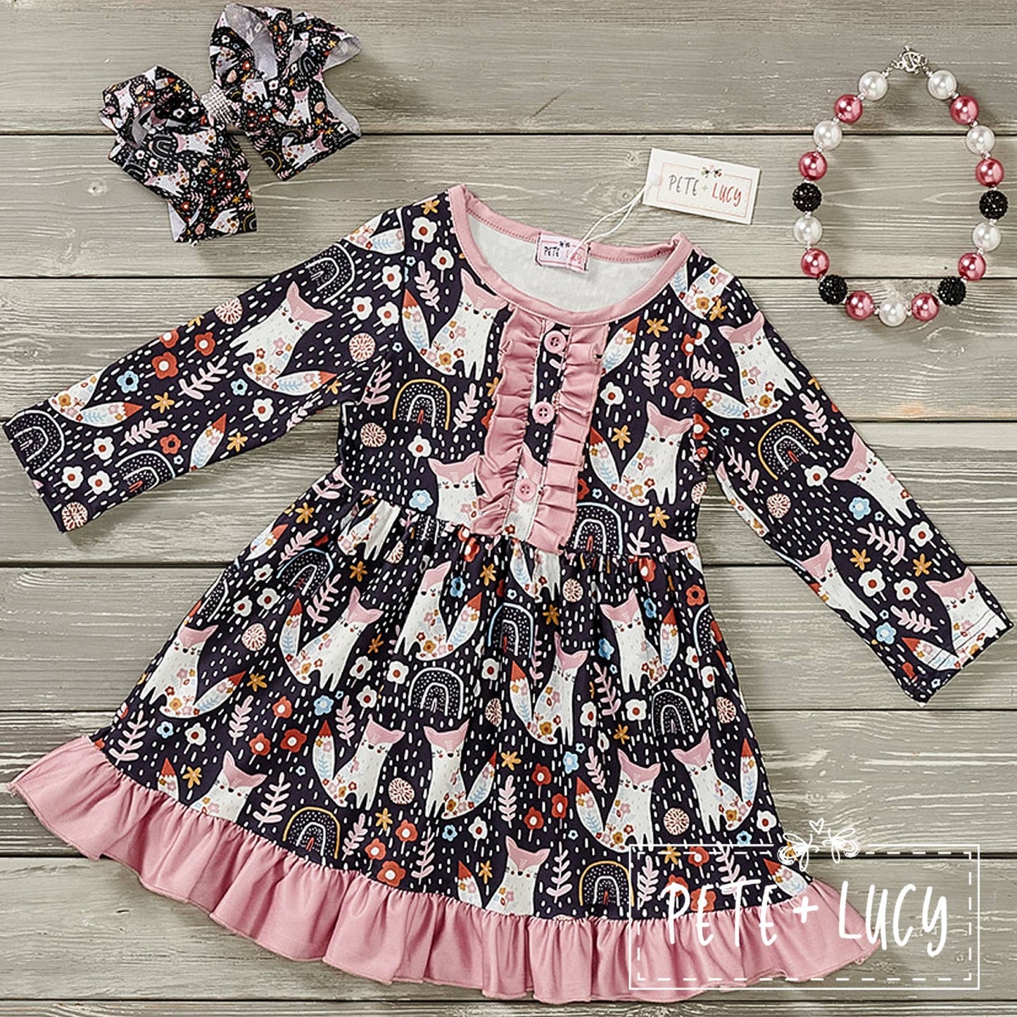 PETE + LUCY Fox in Nature Ruffle Dress Floral Woodland Animals