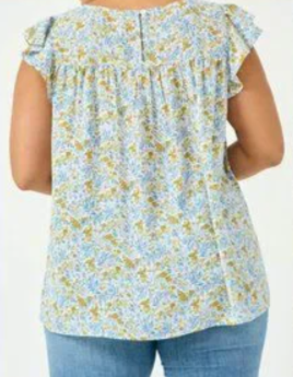 Gina Plus Blue Floral Flutter Sleeve Smocked Top 1X-3X