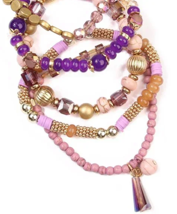 Shilpa Purple Pink and Goldtone Stacking Stretchy Bracelets with Sparkle and Gem Tassel 5 Pieces