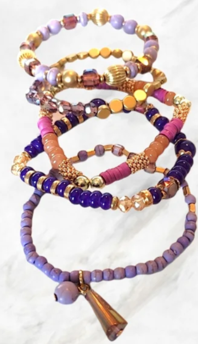 Shilpa Purple Pink and Goldtone Stacking Stretchy Bracelets with Sparkle and Gem Tassel 5 Pieces