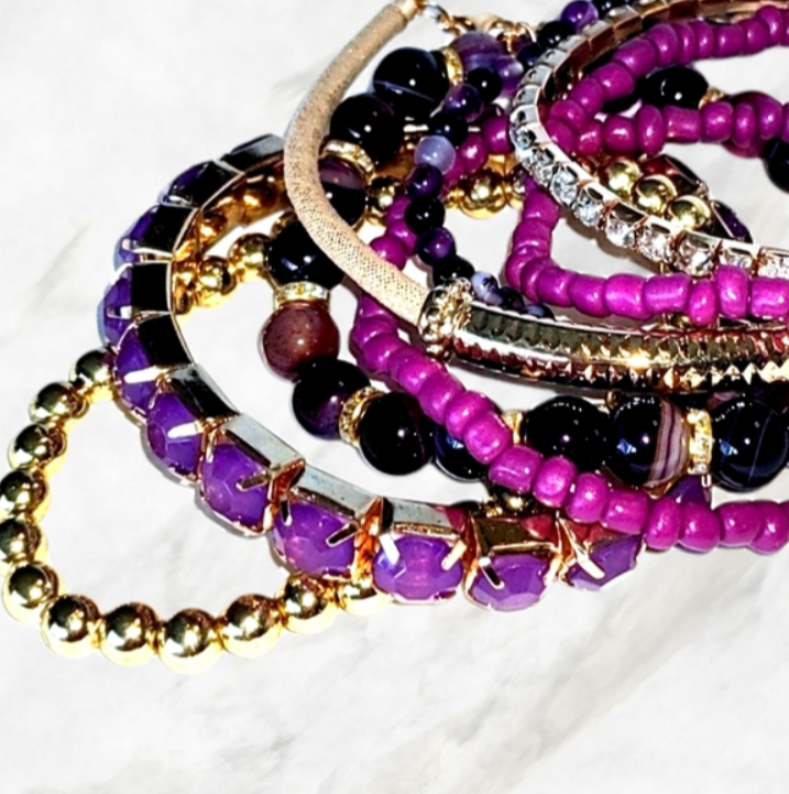 Simone Purple and Goldtone Sparkle Stretchy Stacking Bracelets 8 Pieces