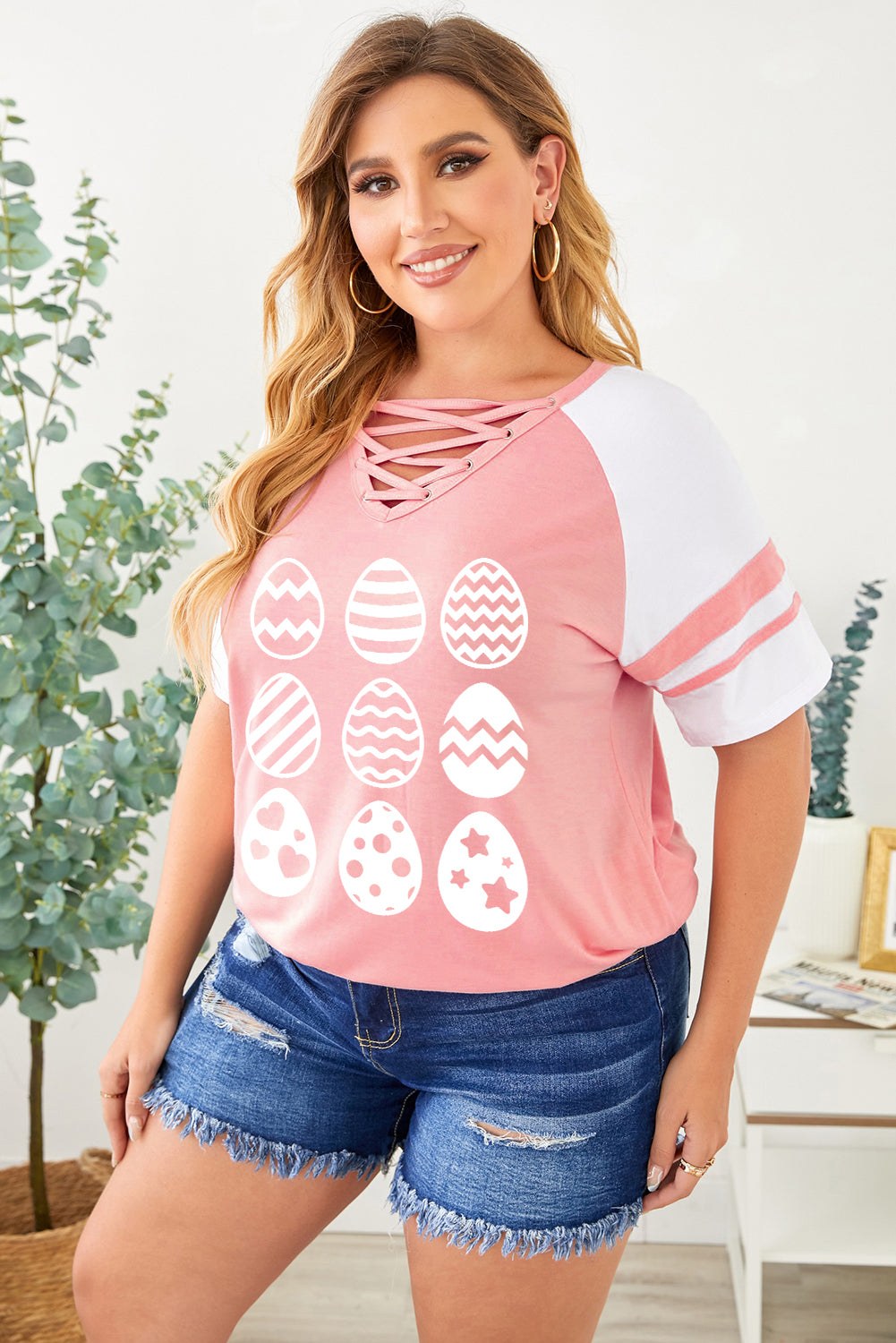 Plus Easter Egg Graphic Crisscross Ragland Tee 1XL-5XL