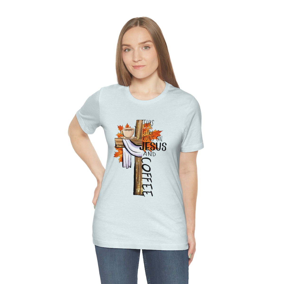 This Girl Runs on Jesus and Coffee Fall Unisex Jersey Short Sleeve Tee S-3XL